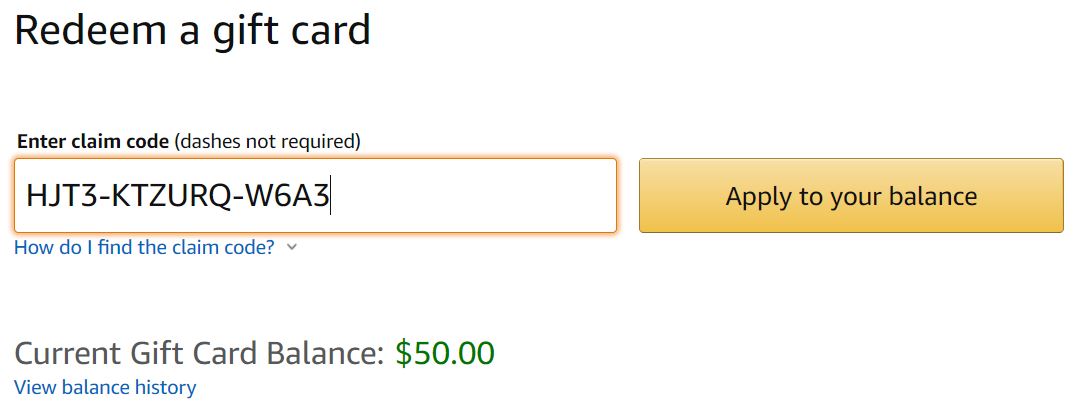 entering claim code and applying balance